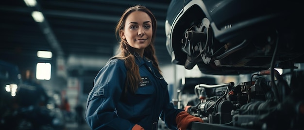 ガレージで車を傾けて修理を行う熟練した自動車整備士の肖像画の女性 自動車修理サービスセンター