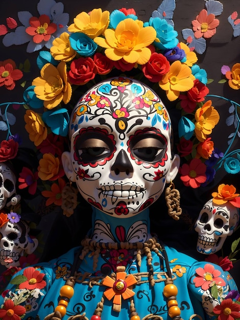 портрет женщины в маске черепа, усыпанной цветами