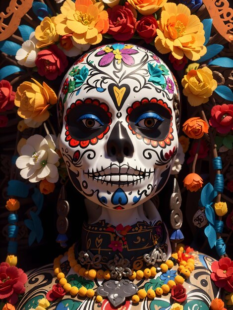 Portrait of a woman in a skull mask with flowers sprinkled