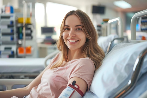 カメラに向かって微笑んでいる女性の肖像画病院で医師のソファに横たわって献血している
