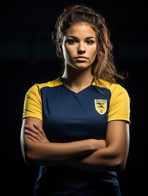 Portrait of a woman soccer player in front of a field