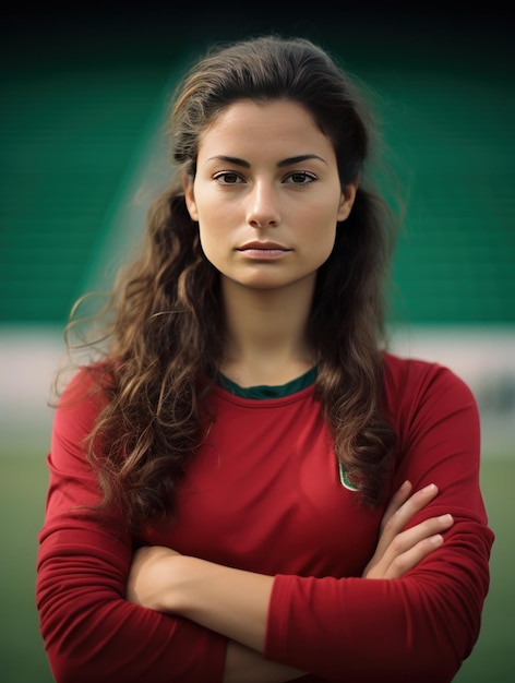 Portrait of a woman soccer player in front of a field