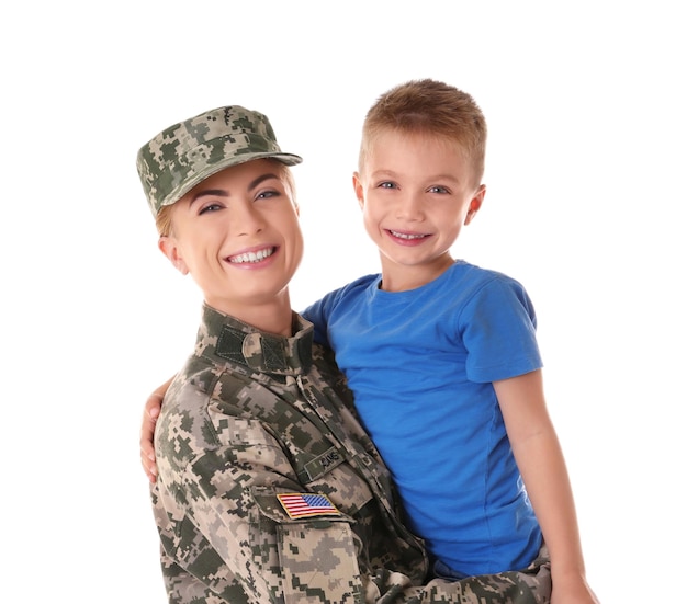 Portrait of woman soldier and her son on white background