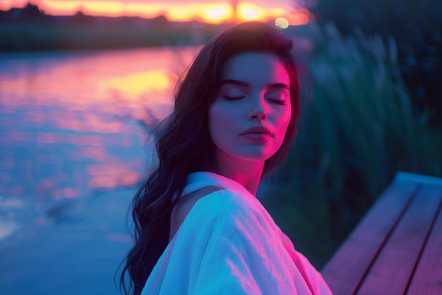 portrait of woman in spa robe near river at sunset serene atmosphere