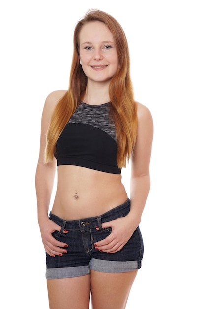 Portrait of woman standing against white background