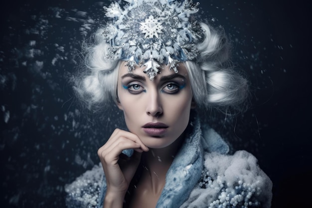 Foto ritratto di una donna nello stile di una regina di ghiaccio con un tema invernale caratterizzato da un intricato fiocco di neve