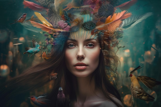 Portrait of a woman in a surreal and dreamlike art style featuring fantastical and otherworldly