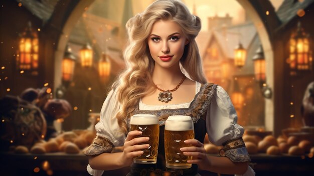 Portrait of a woman in a traditional bavarian dress with a beer mug in a bar