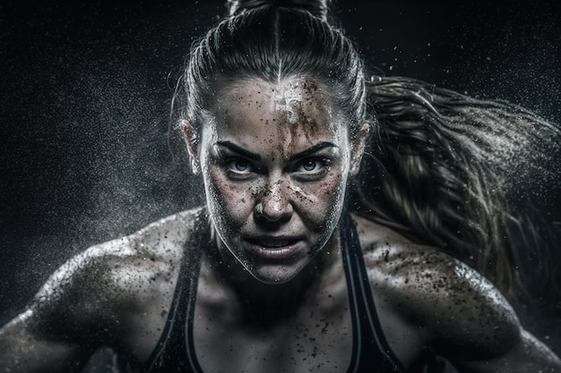 Portrait of woman training crossfit dirty and sweaty muscular Black background