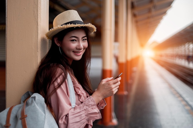 Photo 鉄道駅のプラットフォームで携帯電話を使用している女性の肖像画