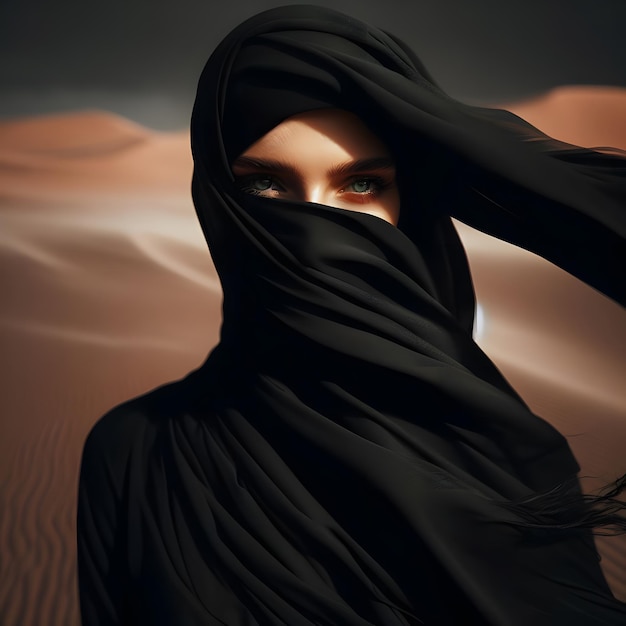 Photo portrait of a woman veiled in black in the desert