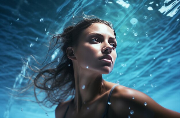 Foto ritratto di una donna sotto il concetto editoriale del concetto di rilassamento calmo dell'acqua