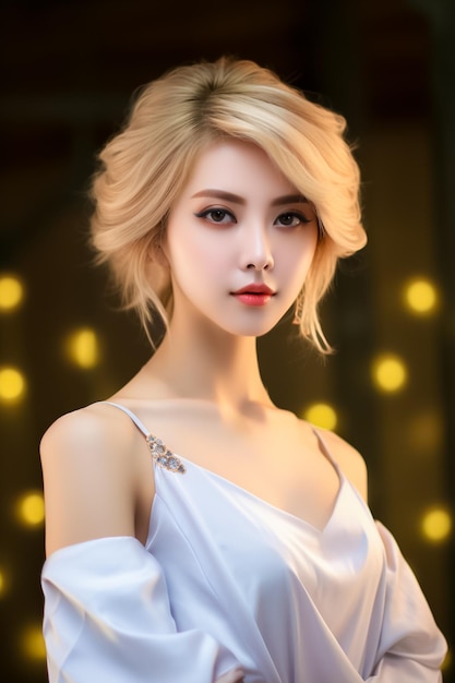 Portrait woman wear dress white casual Details of elegant look and Fashionable AI Generated