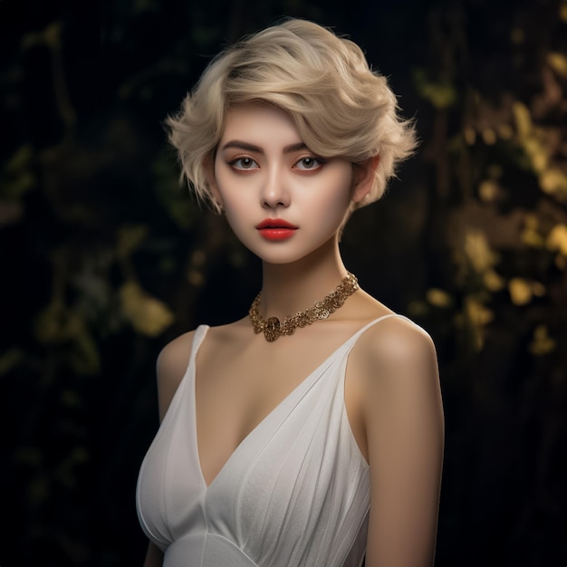 Portrait woman wear dress white casual Details of elegant look and Fashionable AI Generated