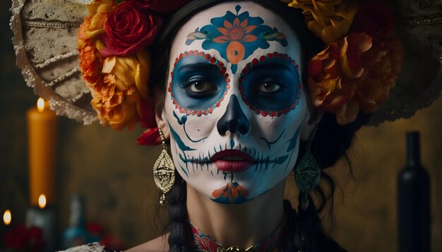 Portrait of a woman wearing beautiful Day of the Dead costumes and skull makeup