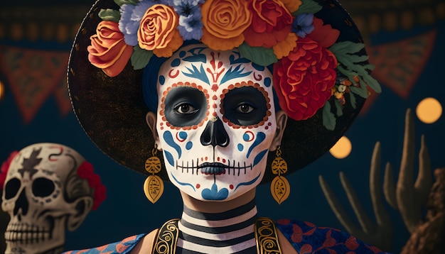 Портрет женщины в красивых костюмах Дня Мертвых и макияже черепа
