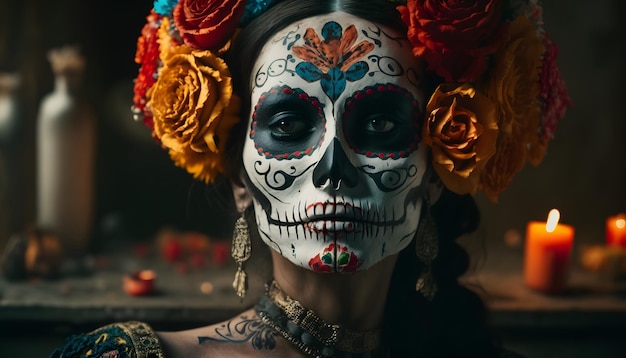 Portrait of a woman wearing beautiful Day of the Dead costumes and skull makeup