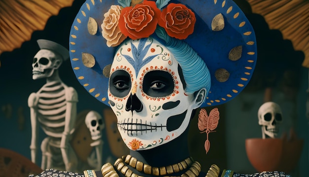 Portrait of a woman wearing beautiful Day of the Dead costumes and skull makeup