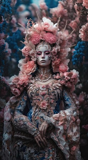 A portrait of a woman wearing a costume with flowers