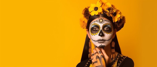Portrait of a woman wearing Day of the Dead costumes and skull makeup on yellow background Generative Ai