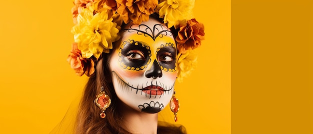 Portrait of a woman wearing day of the dead costumes and skull makeup on yellow background generative ai