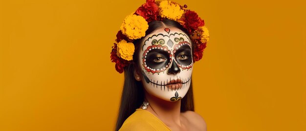 죽은 자의 날 의상을 입고 노란색 배경에 해골 화장을 한 여성의 초상화 Generative Ai