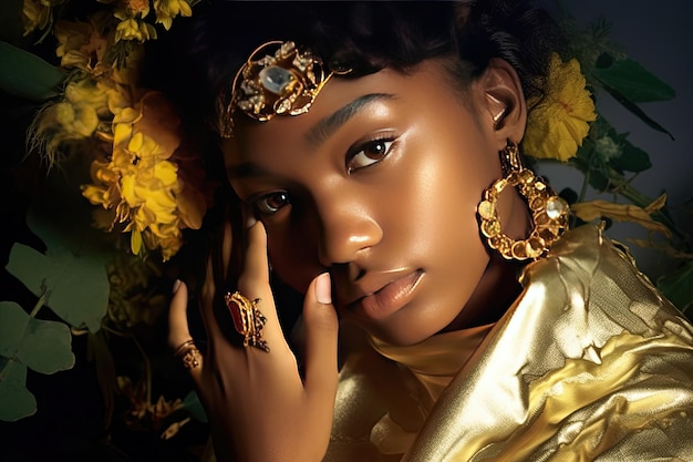 A portrait of a woman wearing gold jewelry