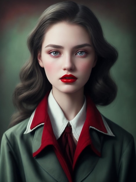 a portrait of a woman wearing a jacket with a red lipstick.