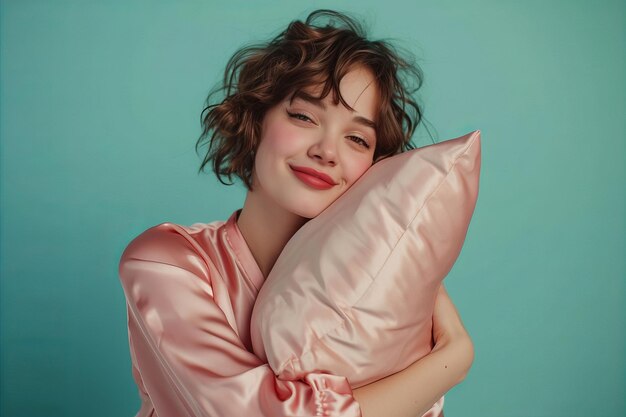 Portrait of a woman wearing silk pyjamas resting on a comfortable pillow