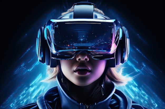 Портрет женщины, носящей очки виртуальной реальности 3D рендеринг Портрет футуристической девушки, носущей очки virtual reality 3D ренденсирование AI Generated