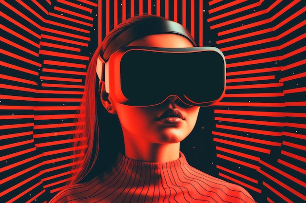 Portrait of a woman wearing virtual reality headset with a modern graphic design illustration style