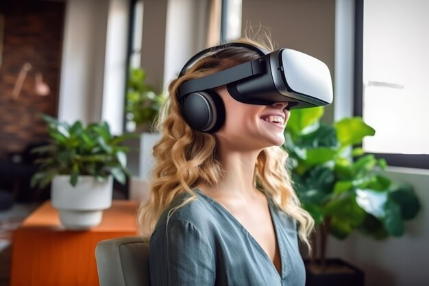 自宅で VR ヘッドセットを装着している女性のポートレート