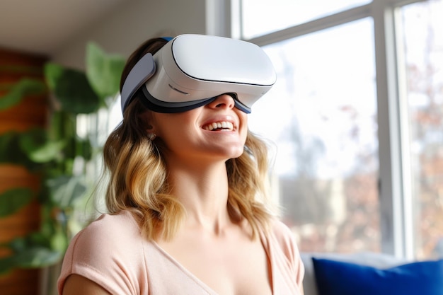 Portrait of a Woman Wearing a VR Headset at Home