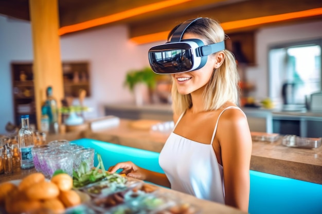 自宅で VR ヘッドセットを装着している女性のポートレート