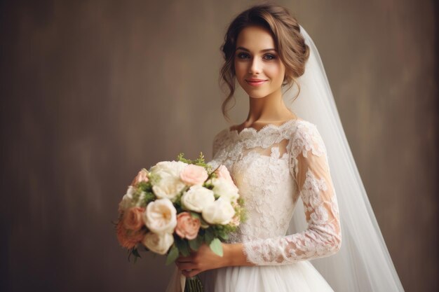 Portrait of a woman in a wedding dress Beautiful bride holding a bouquet of flowers poses and smile