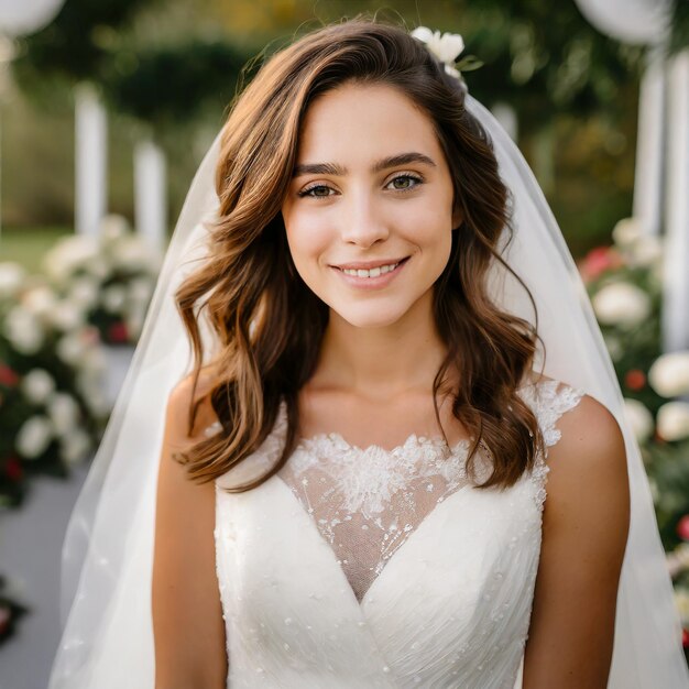 A portrait of a woman in a wedding dress looking into the camera with a radiant smile on her face