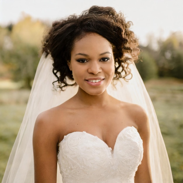 Photo a portrait of a woman in a wedding dress looking into the camera with a radiant smile on her face