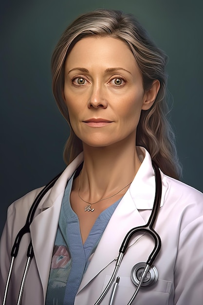 A portrait of a woman in a white lab coat with stethoscopes.