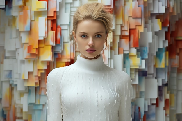 Foto ritratto di una donna con un maglione bianco con schizzi multicolori su uno sfondo a cubo astratto