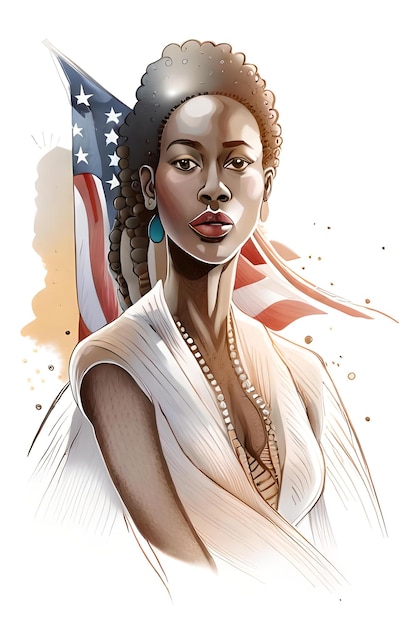 Портрет женщины с американским флагом за спиной.