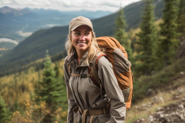 Portrait of woman with backpack enjoying hiking AI Generative
