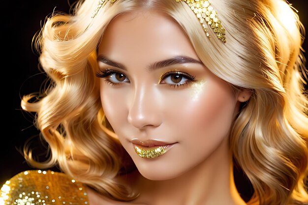 A portrait of a woman with blond glitter golden hair and golden makeup shiny skin