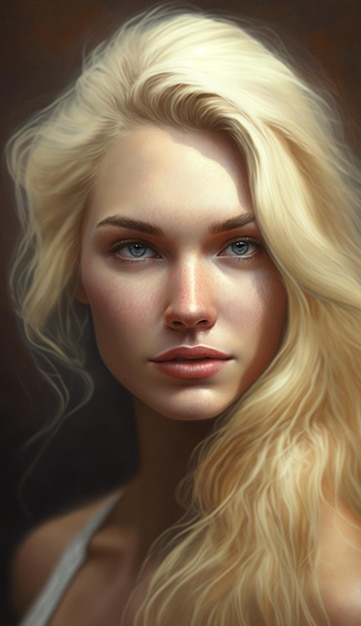 A portrait of a woman with blonde hair and blue eyes.