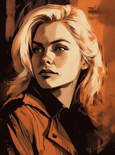 A portrait of a woman with blonde hair and a red shirt.