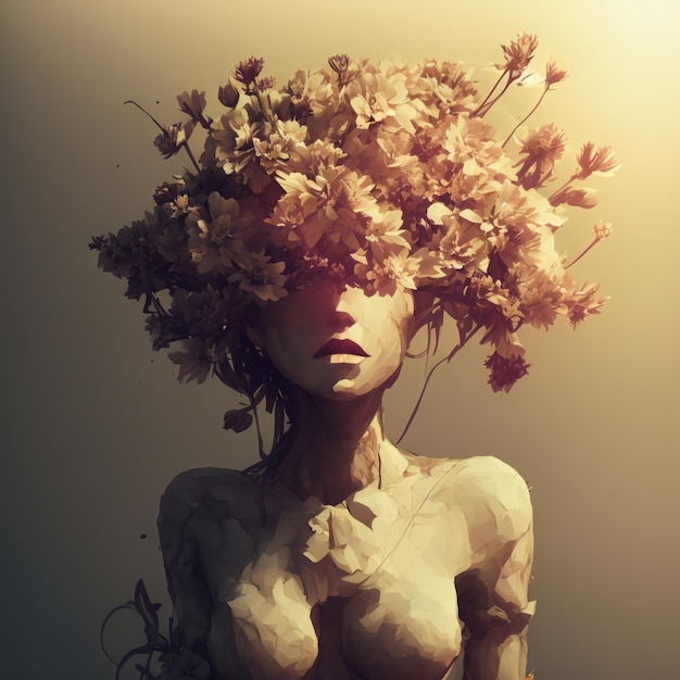 Portrait of woman with blooming flowers from her head Picturesque female with flower arrangement Generative AI