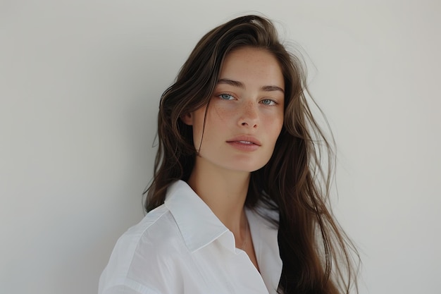 Portrait of a woman with blue eyes and freckles wearing a white shirt against a light background