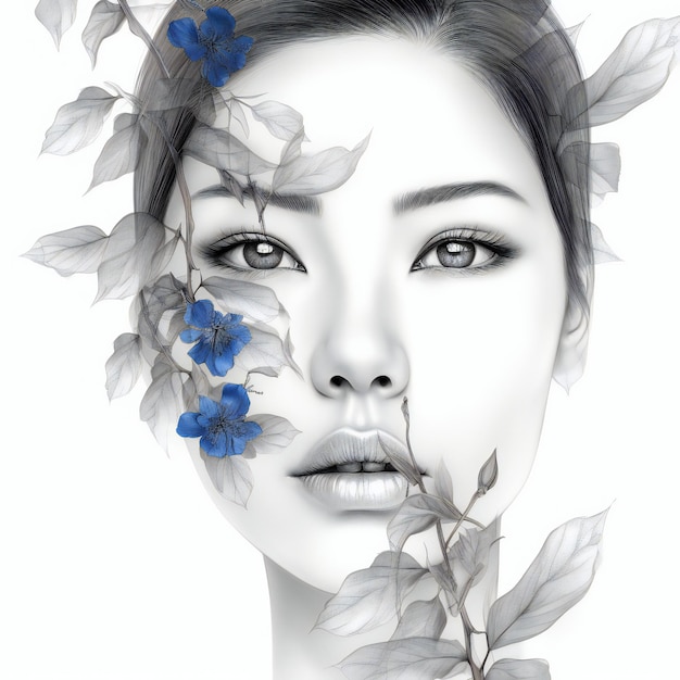 A portrait of a woman with blue flowers on her face.