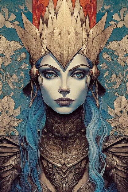 A portrait of a woman with blue hair and a gold crown.