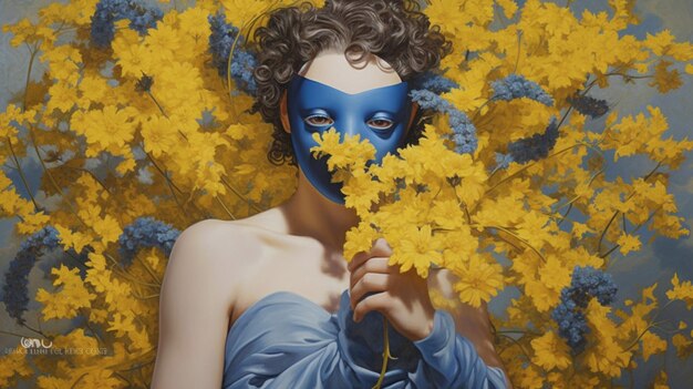 A portrait of a woman with a blue mask and yellow