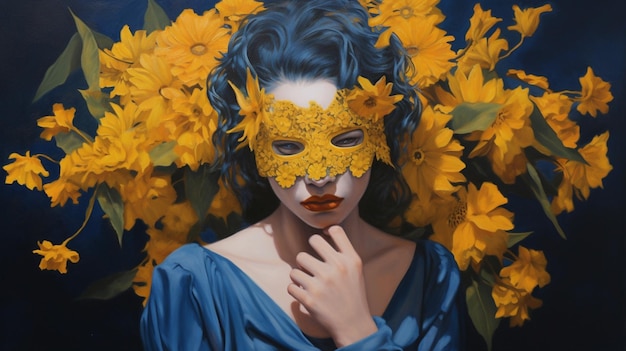 A portrait of a woman with a blue mask and yellow